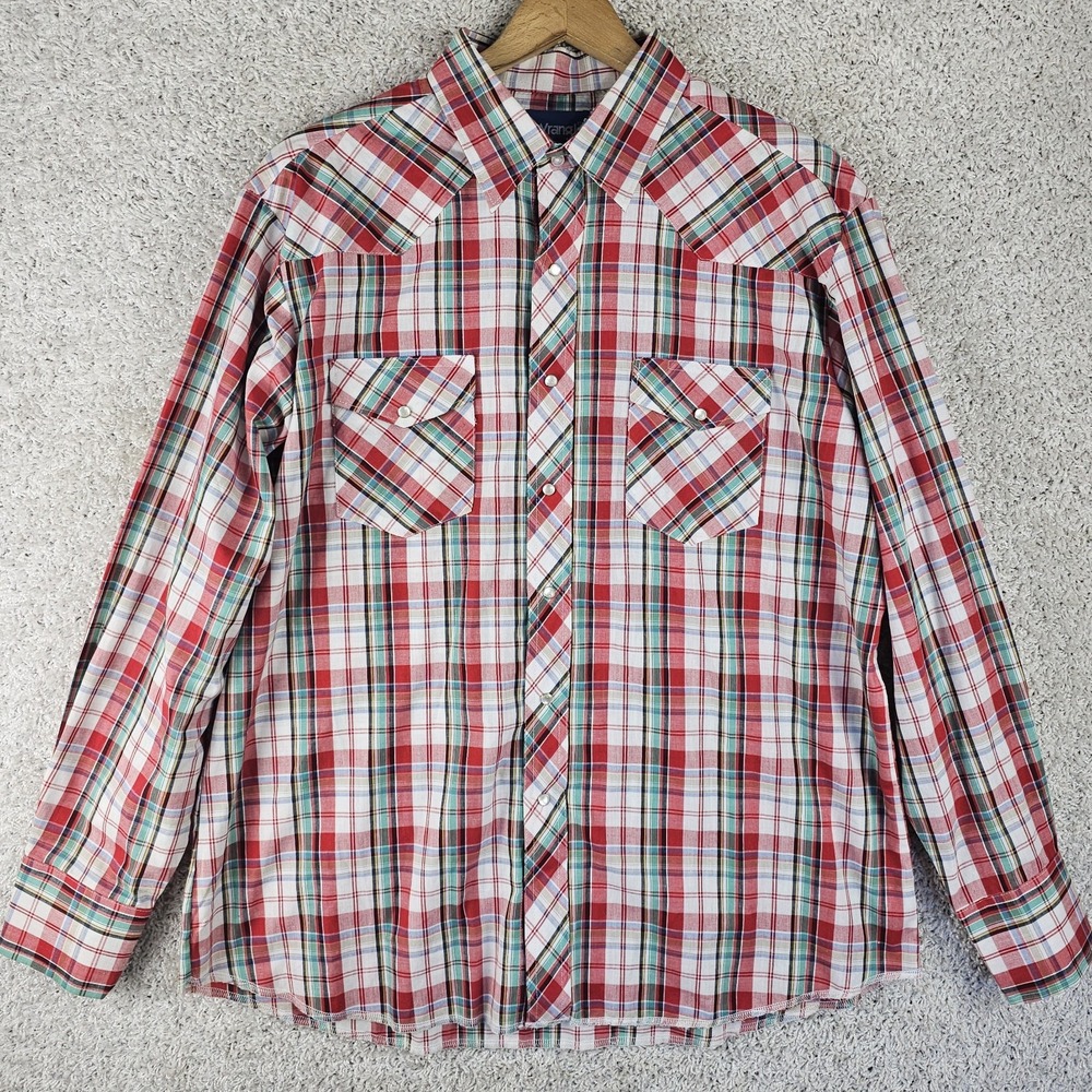 Vintage Wrangler Western Pearl Snap Plaid Shirt Sz XL Christmas Colors Rodeo